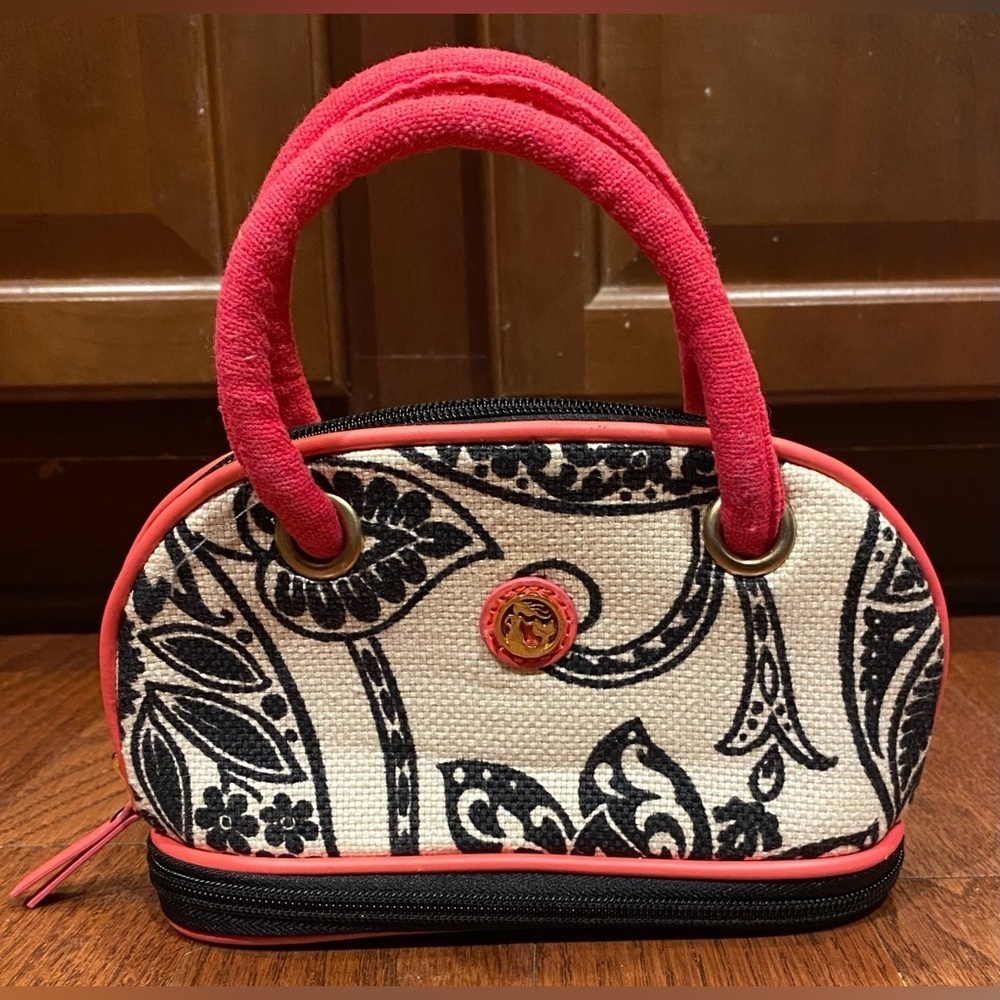 Spartina 449 Purse Cosmetic Bag Mini Bowler Beige/Black/Pink Linen/Leather